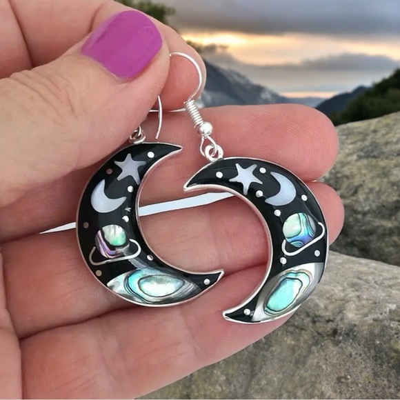 Retro Universe Starry Sky Crescent Hook Earrings Zinc Alloy Silver Plated Trendy - Picture 8 of 9